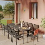 Ensemble Table de jardin extensible aluminium 135/270cm + 10 Fauteuils empilables corde Anthracite et orange-YERAZ – Image 2