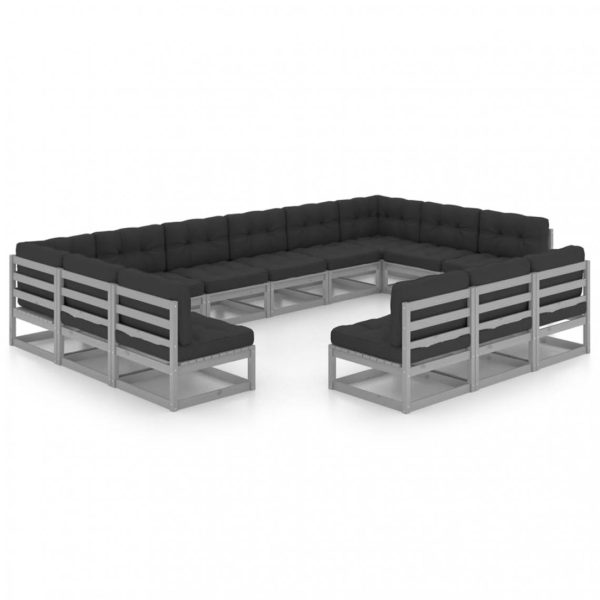 Salon de jardin 13 pcs avec coussins Gris Bois de pin massif
