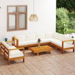 Salon de jardin 8 pcs avec coussins blanc crème Bois d'acacia