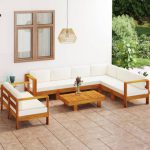 Salon de jardin 8 pcs avec coussins blanc crème Bois d'acacia – Image 2