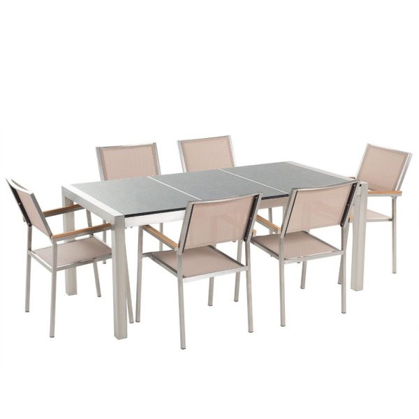Table de jardin en plateau granit gris poli 180 cm et 6 chaises beiges GROSSETO