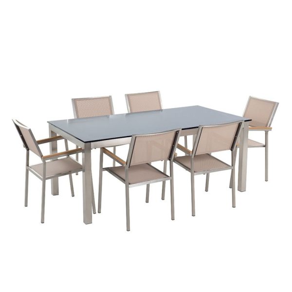 Ensemble de jardin table en verre noire et 6 chaises beiges